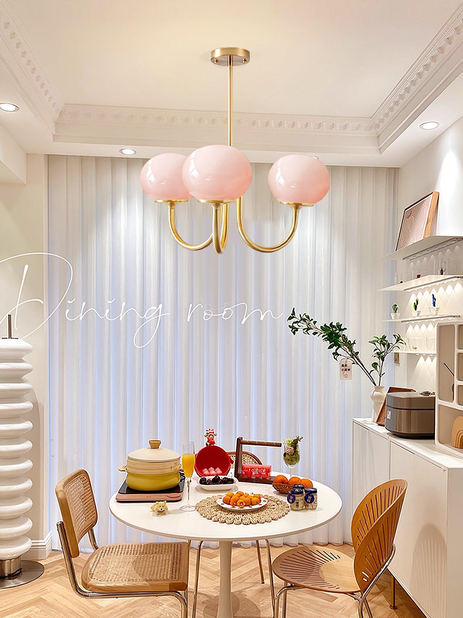 Lustra Chandelier Pink Glass Globe Gold-Neutral Decor