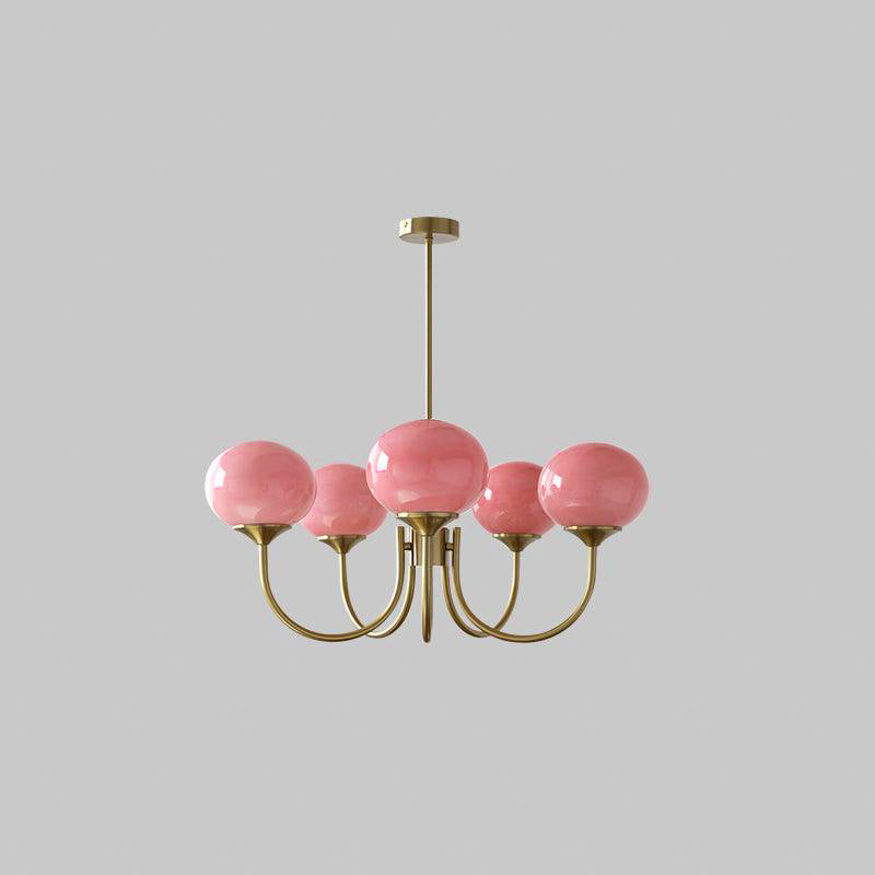 Lustra Chandelier Pink Glass Globe Gold-Neutral Decor