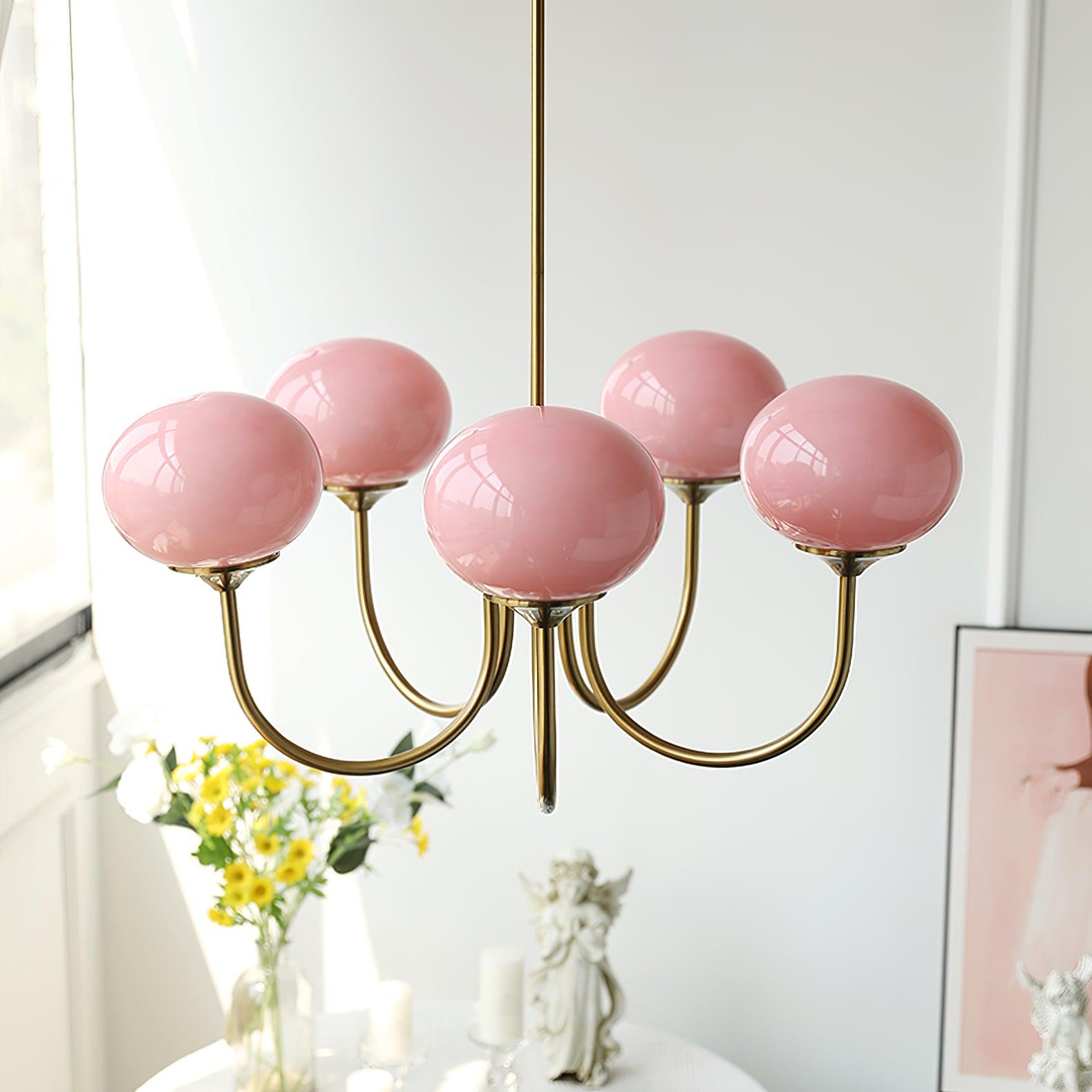 Lustra Chandelier Pink Glass Globe Gold-Neutral Decor