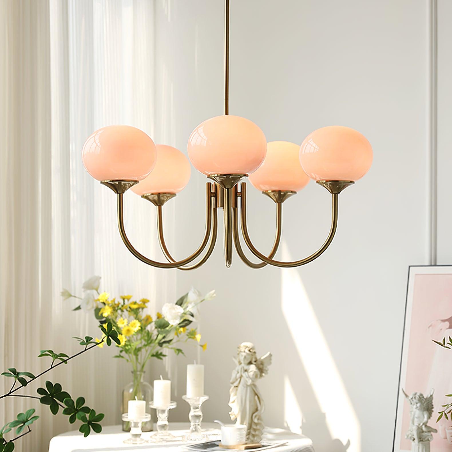 Lustra Chandelier Pink Glass Globe Gold-Neutral Decor