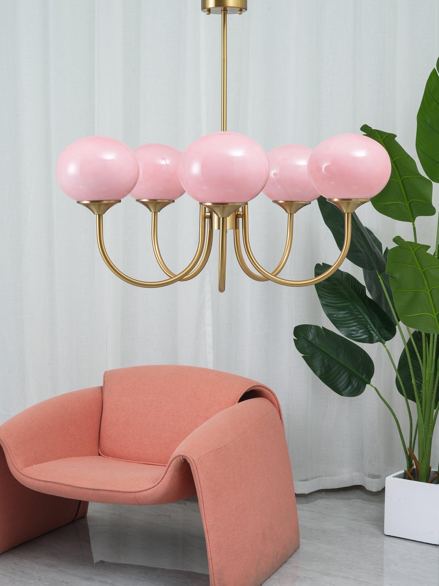 Lustra Chandelier Pink Glass Globe Gold-Neutral Decor