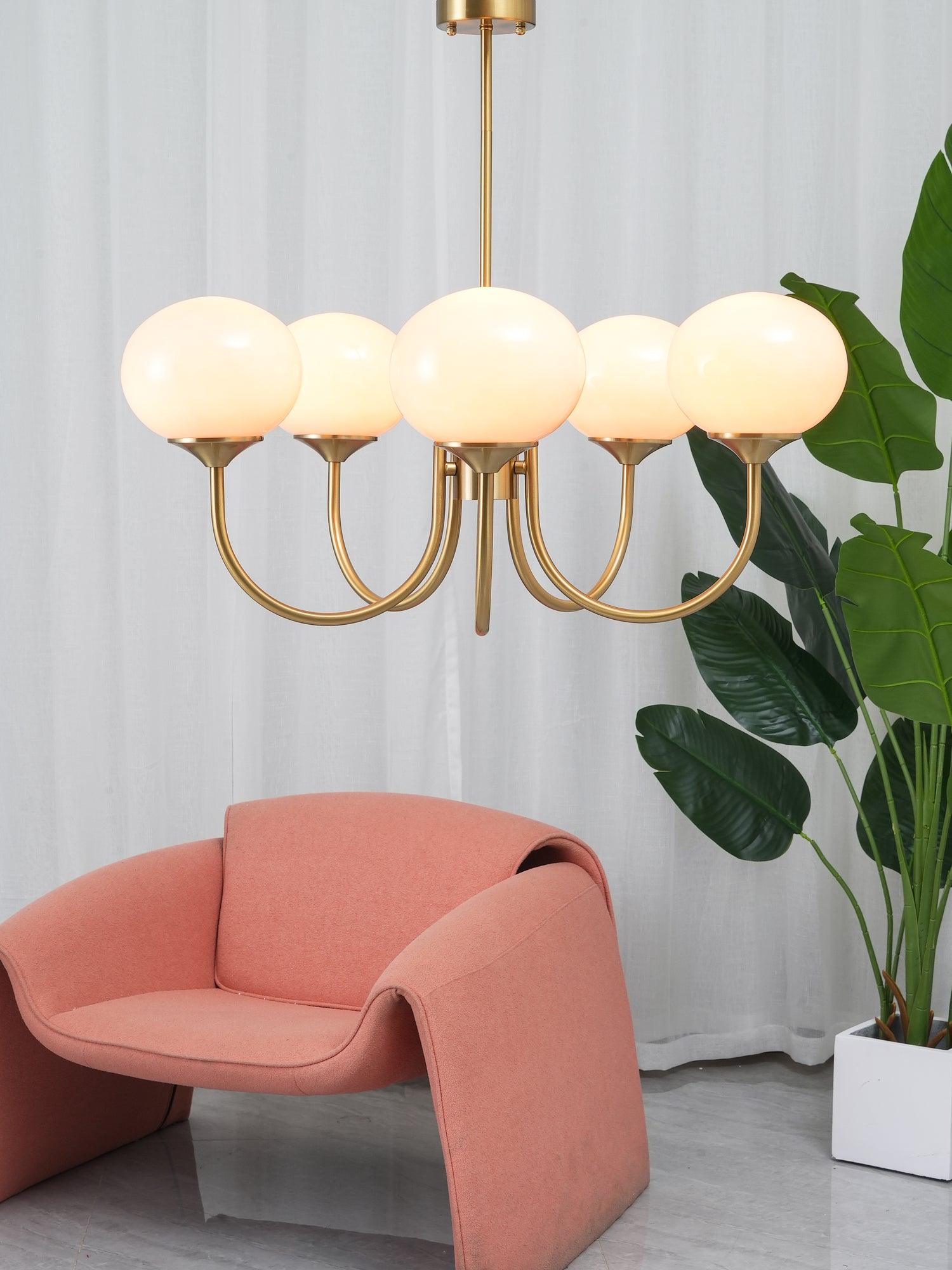 Lustra Chandelier Pink Glass Globe Gold-Neutral Decor