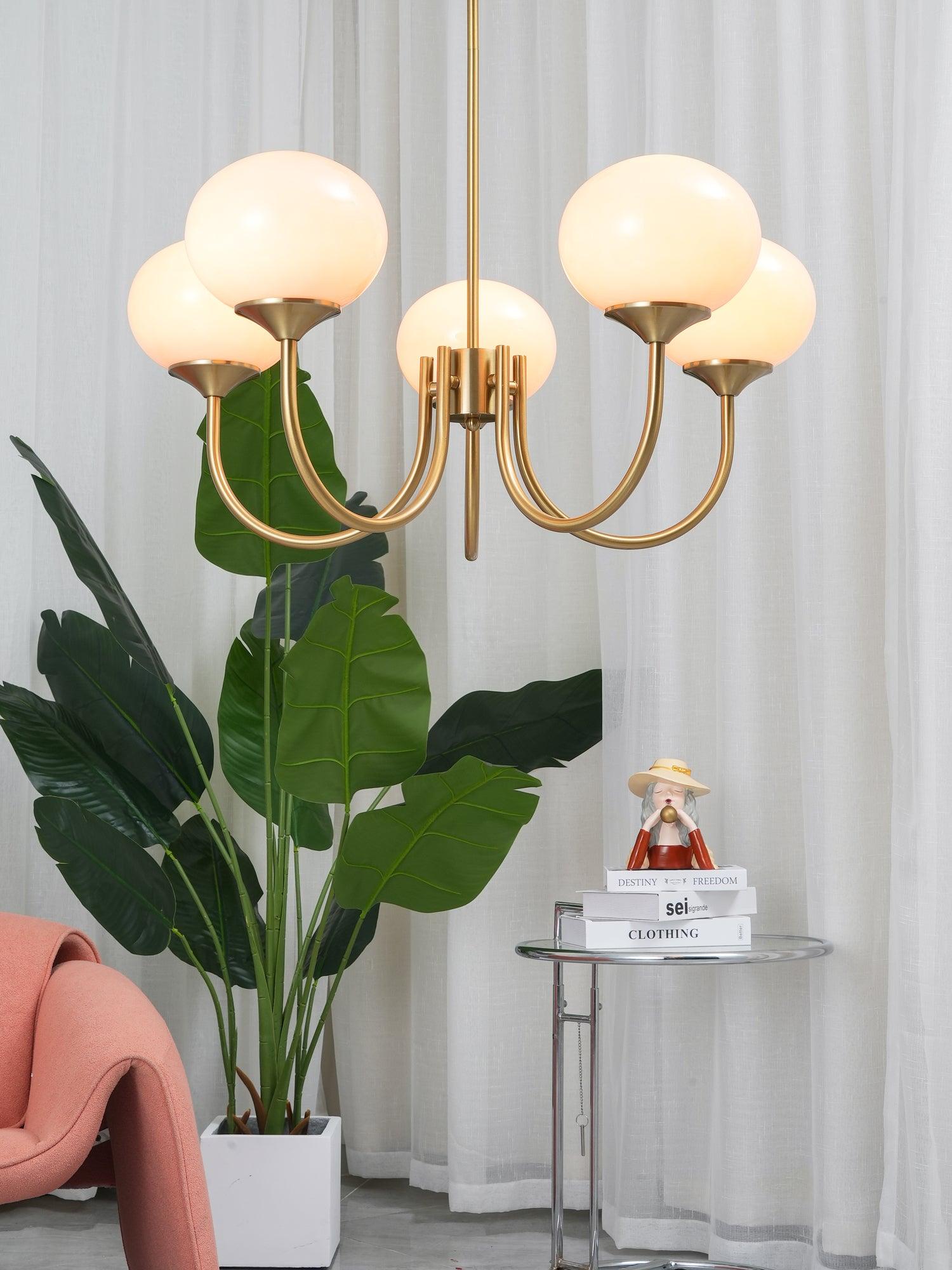 Lustra Chandelier Pink Glass Globe Gold-Neutral Decor