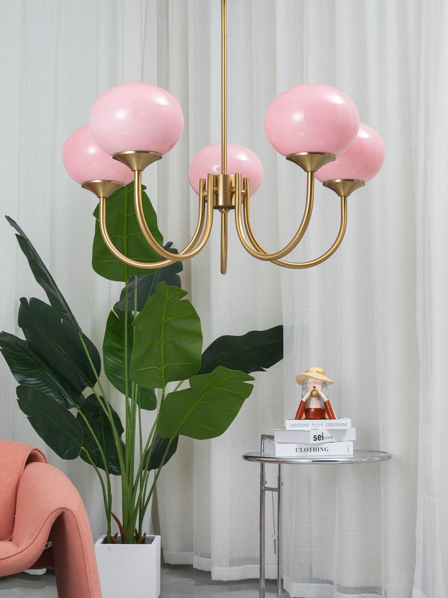 Lustra Chandelier Pink Glass Globe Gold-Neutral Decor
