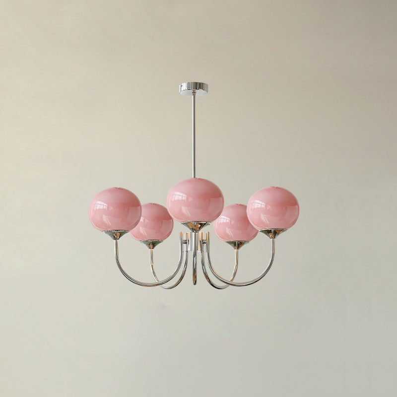 Lustra Chandelier Pink Glass Globe Gold-Neutral Decor