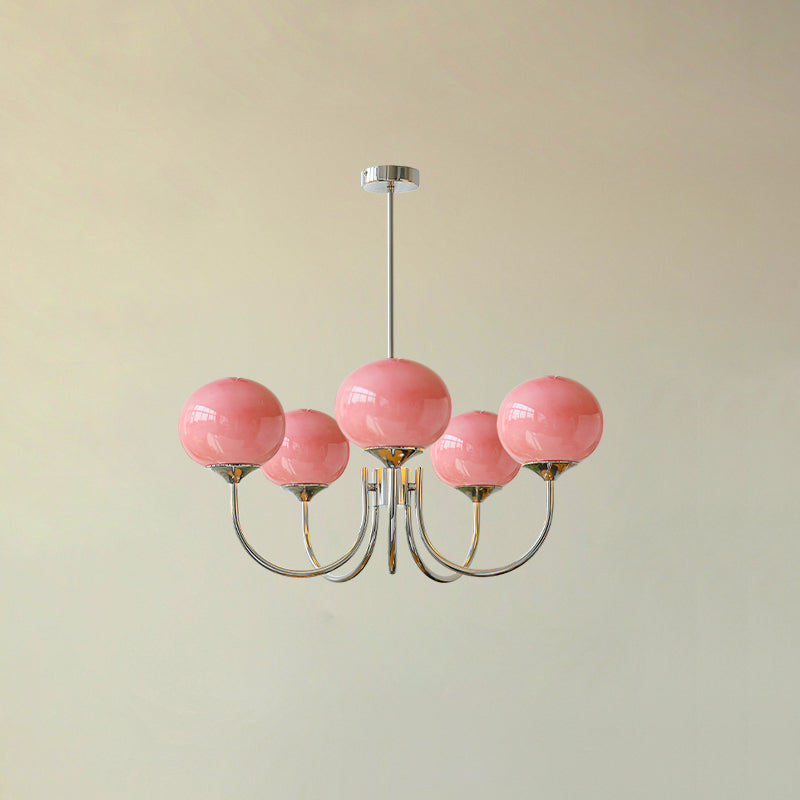 Lustra Chandelier Pink Glass Globe Gold-Neutral Decor