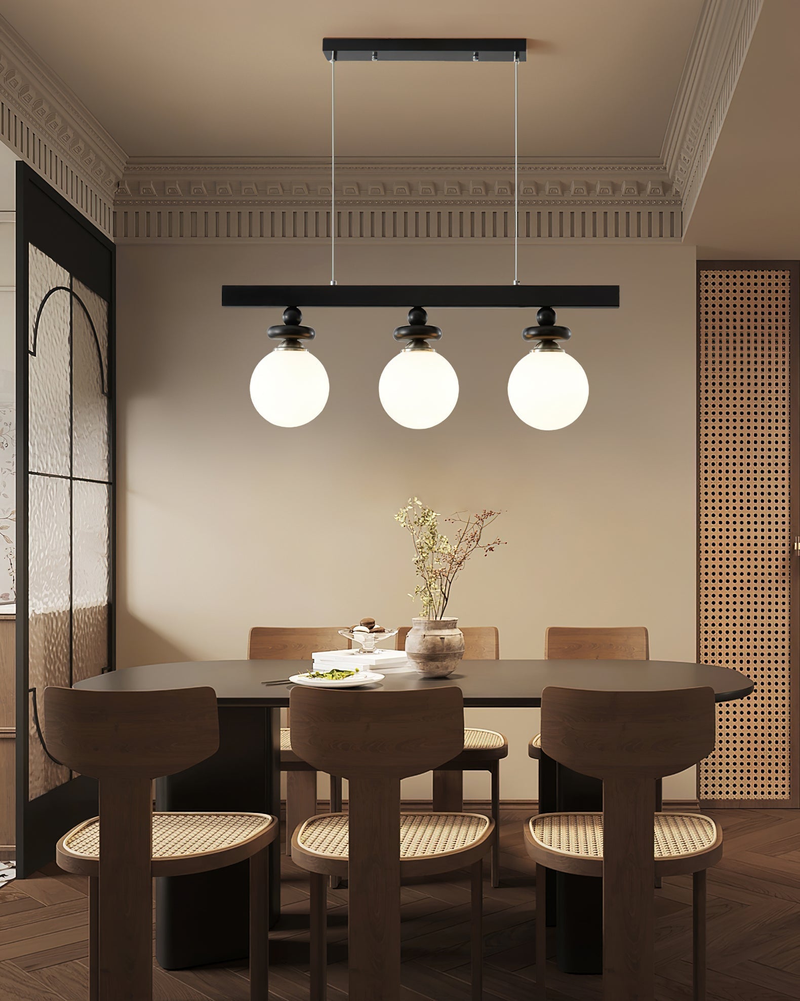 The 3-light configuration of the Maru Pendant Light, ideal for kitchen islands.