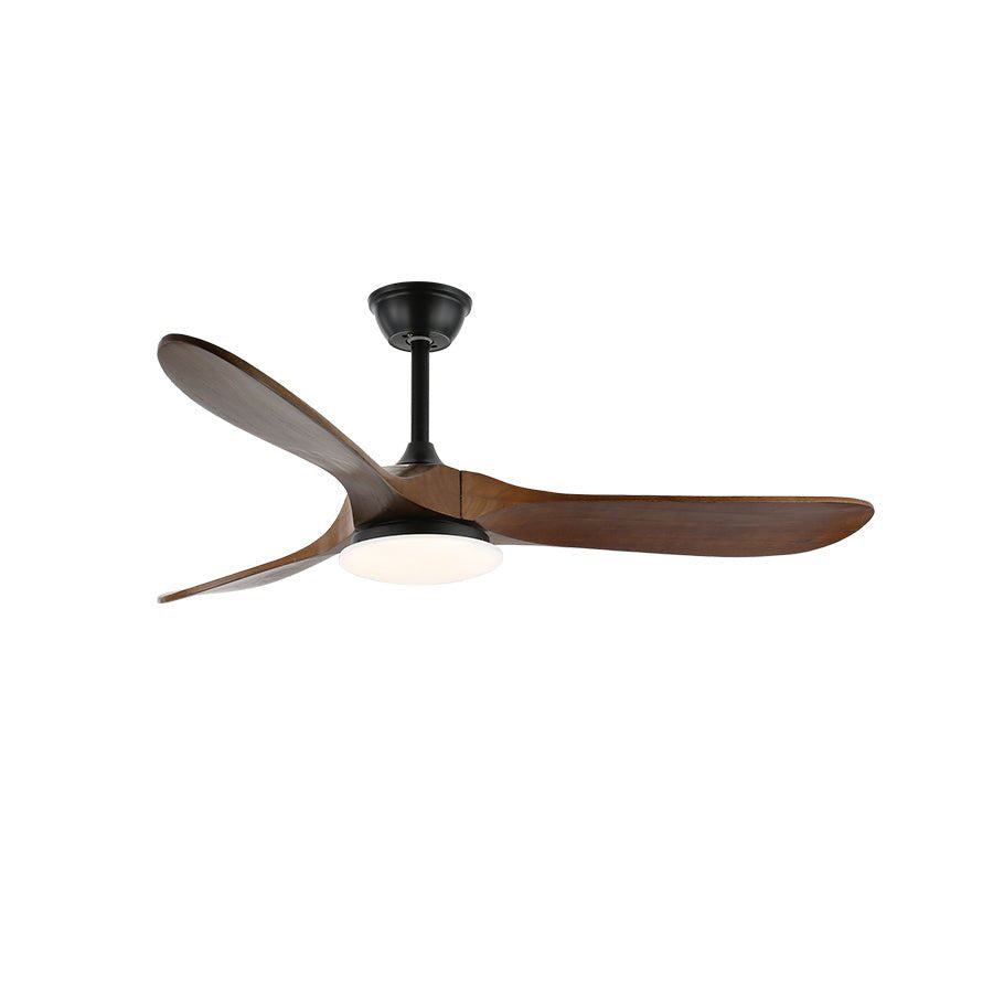 Maverick Ceiling Fan Light in black with walnut wood blades, viewed from below.