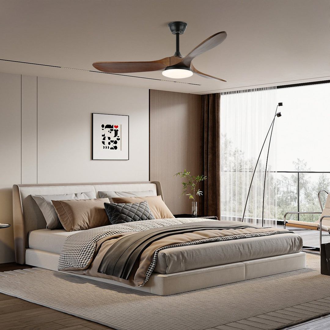 Maverick Ceiling Fan Light in black and walnut, demonstrating airflow in a room.