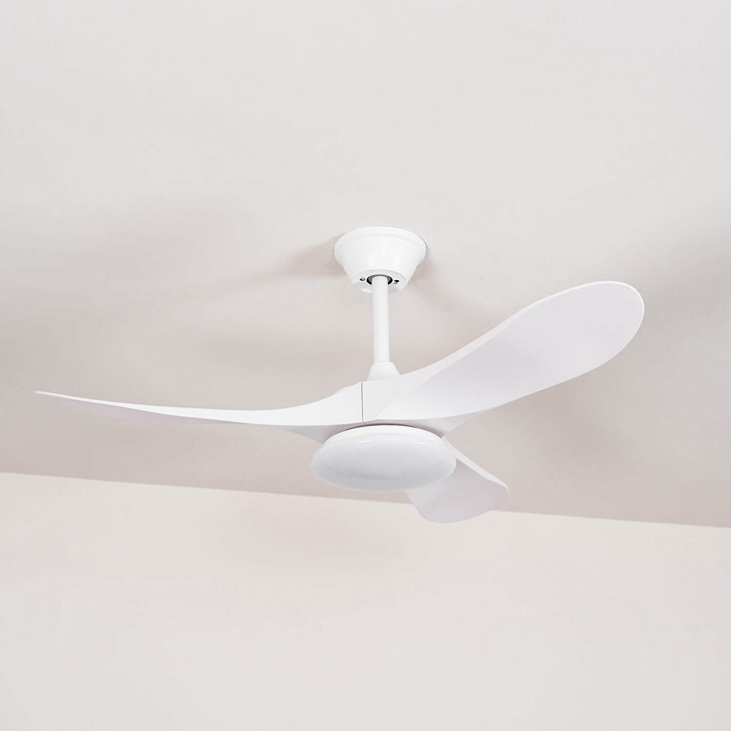 Full view of the Maverick Ceiling Fan Light in white and natural wood against a white background.
