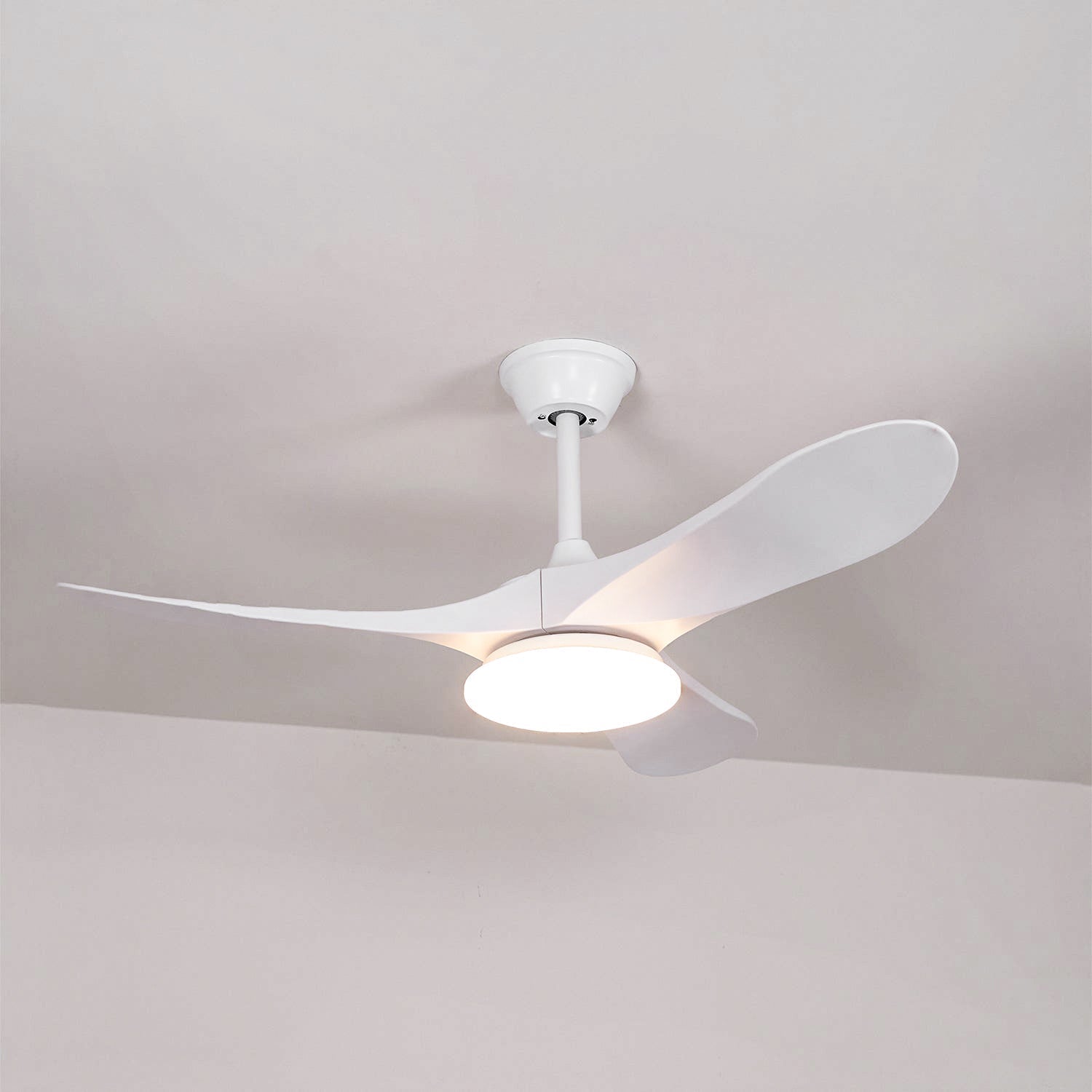 Full view of the all-white Maverick Ceiling Fan Light against a white background.