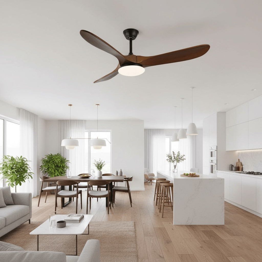 Maverick Ceiling Fan Light in white with natural wood blades, shown against a white ceiling.