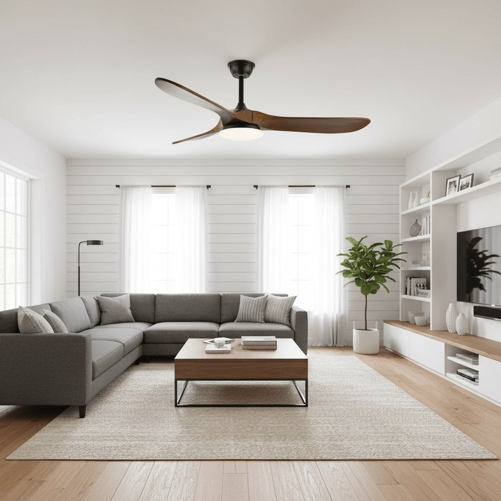 Maverick Ceiling Fan Light in an all-white finish, highlighting its minimalist design.