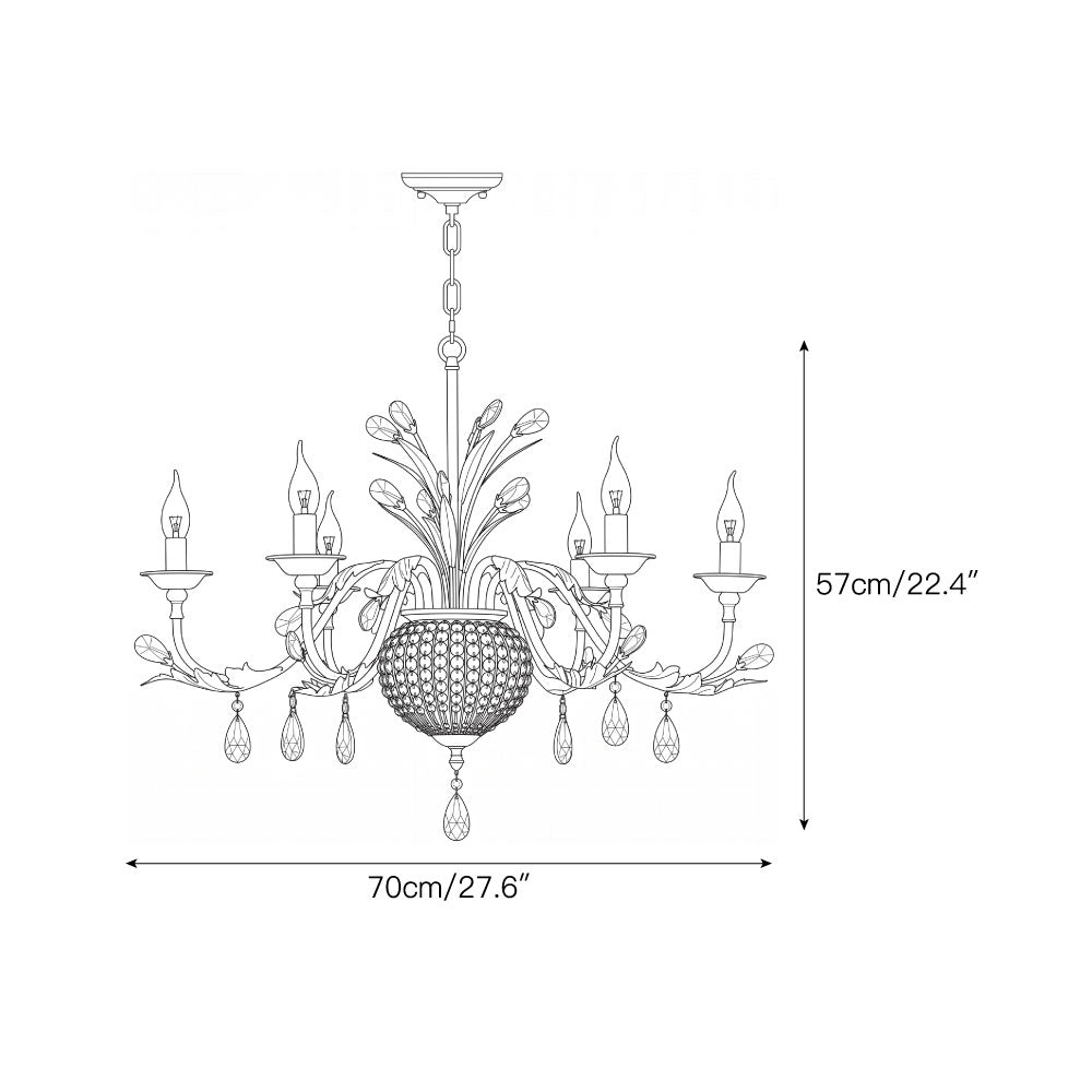 The chandelier illuminated, casting a warm glow in a living room.