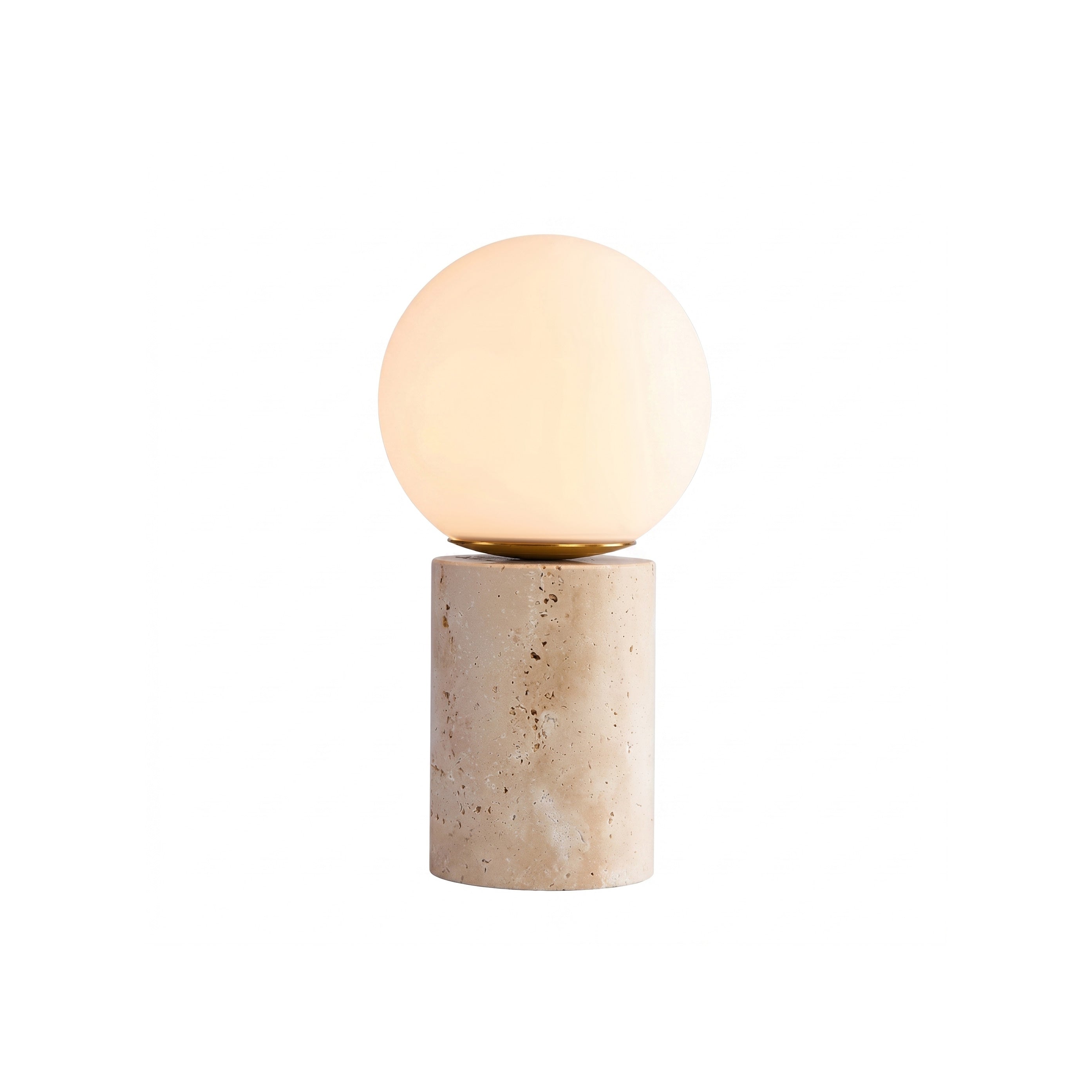 Maxax Deeluxe Travertine Table Lamp with a beige stone base and frosted glass globe.