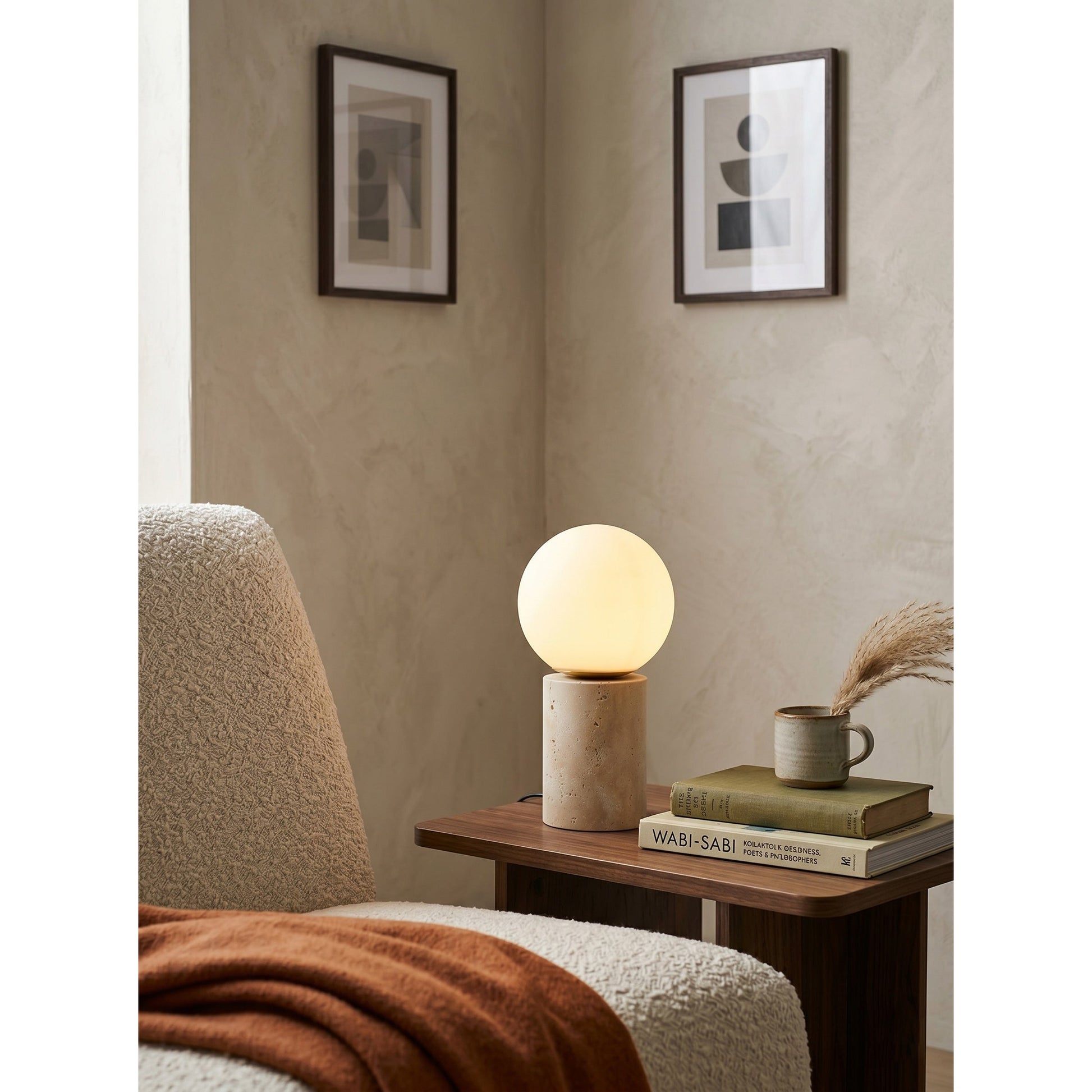The lamp from a different angle, placed on a wooden surface.