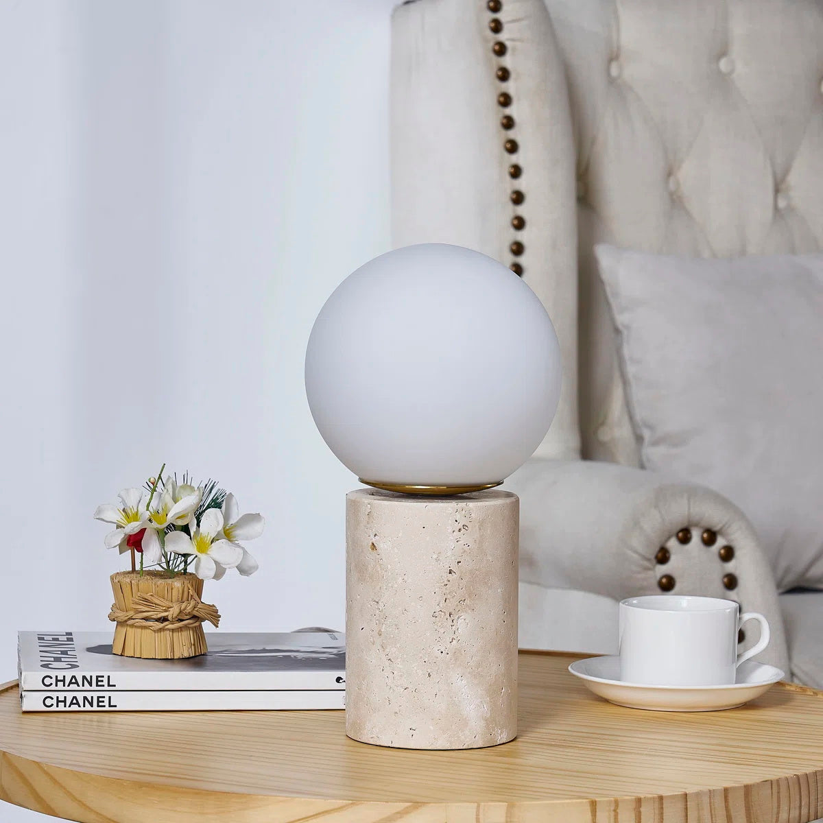 The lamp illuminated, casting a soft, ambient glow.