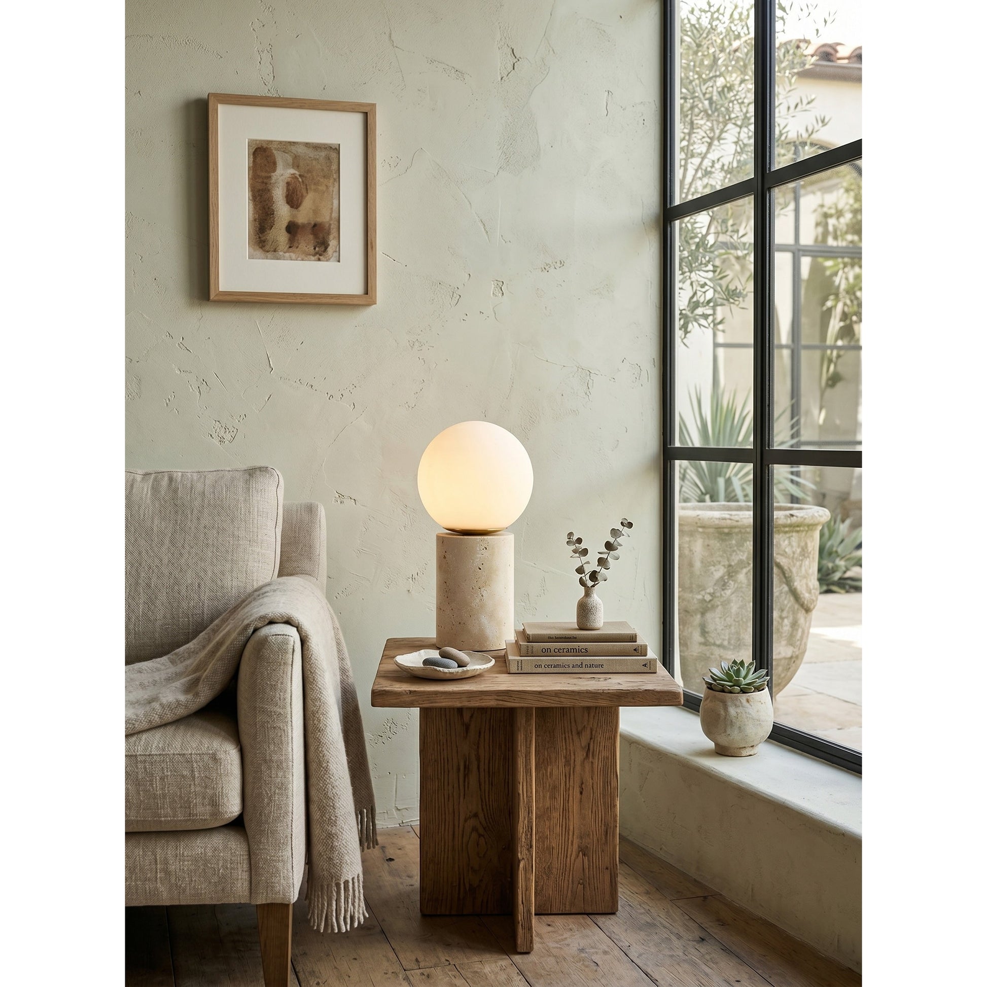 Top-down view of the oversized, luminous frosted glass globe.