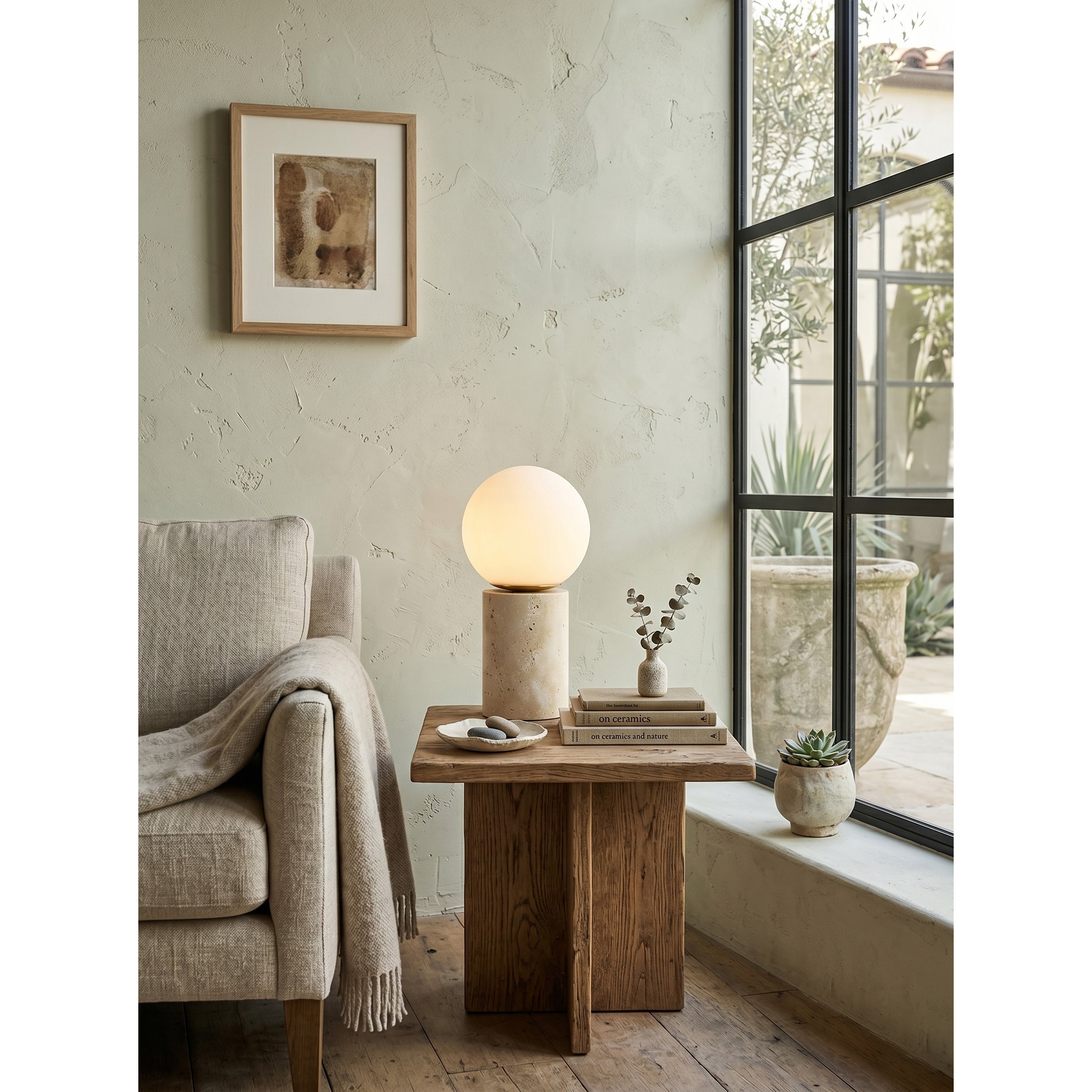Top-down view of the oversized, luminous frosted glass globe.