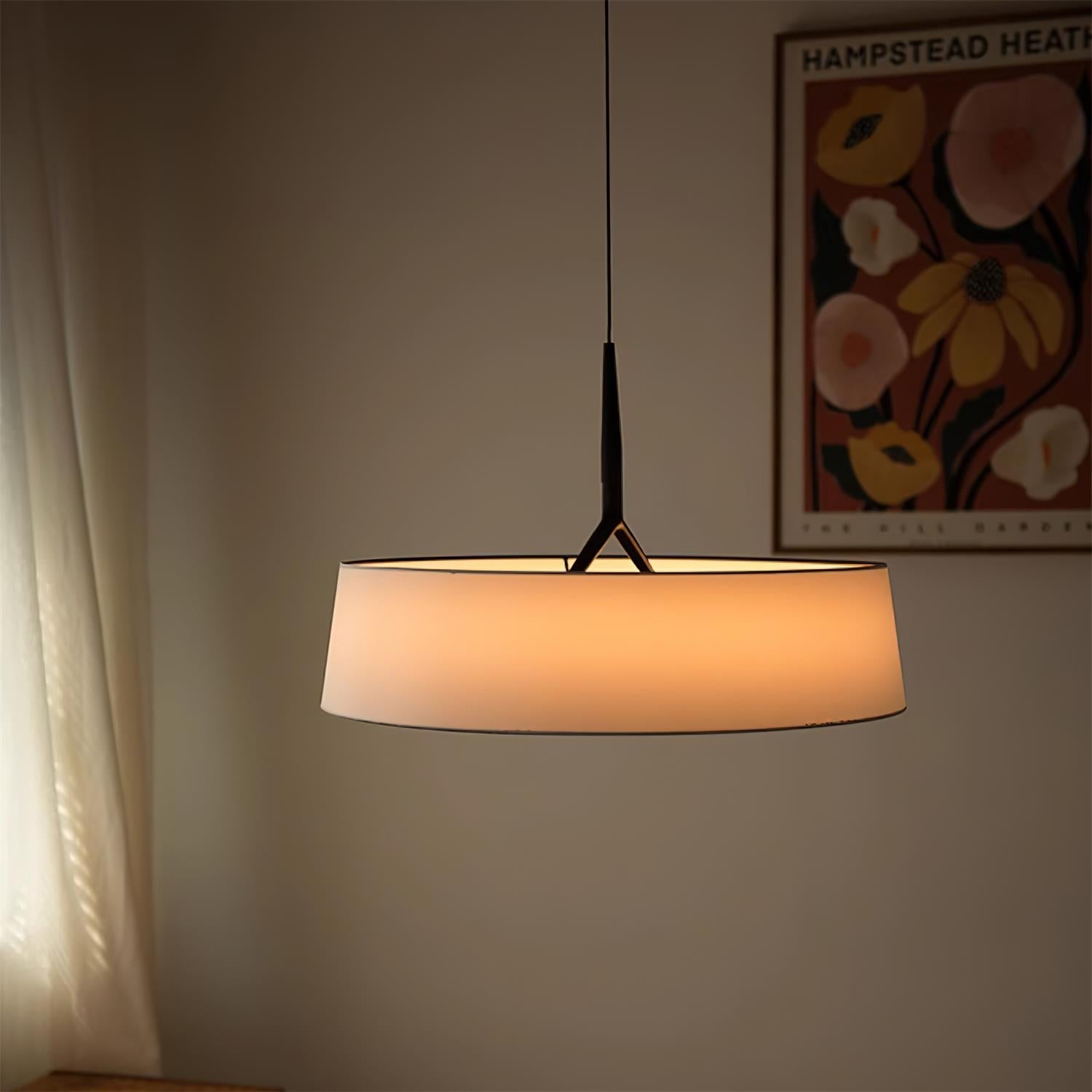 Pendant Light White Fabric Drum Black