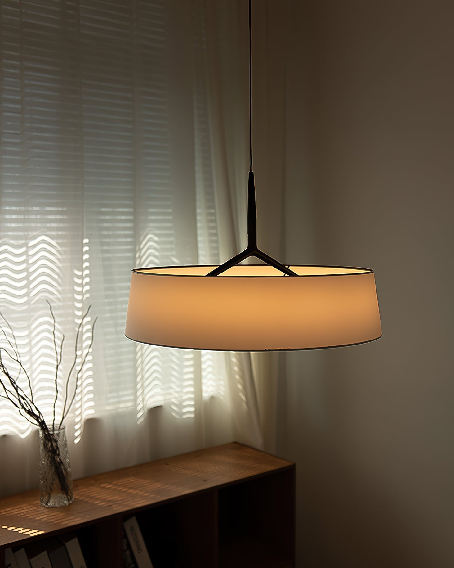 Pendant Light White Fabric Drum Black