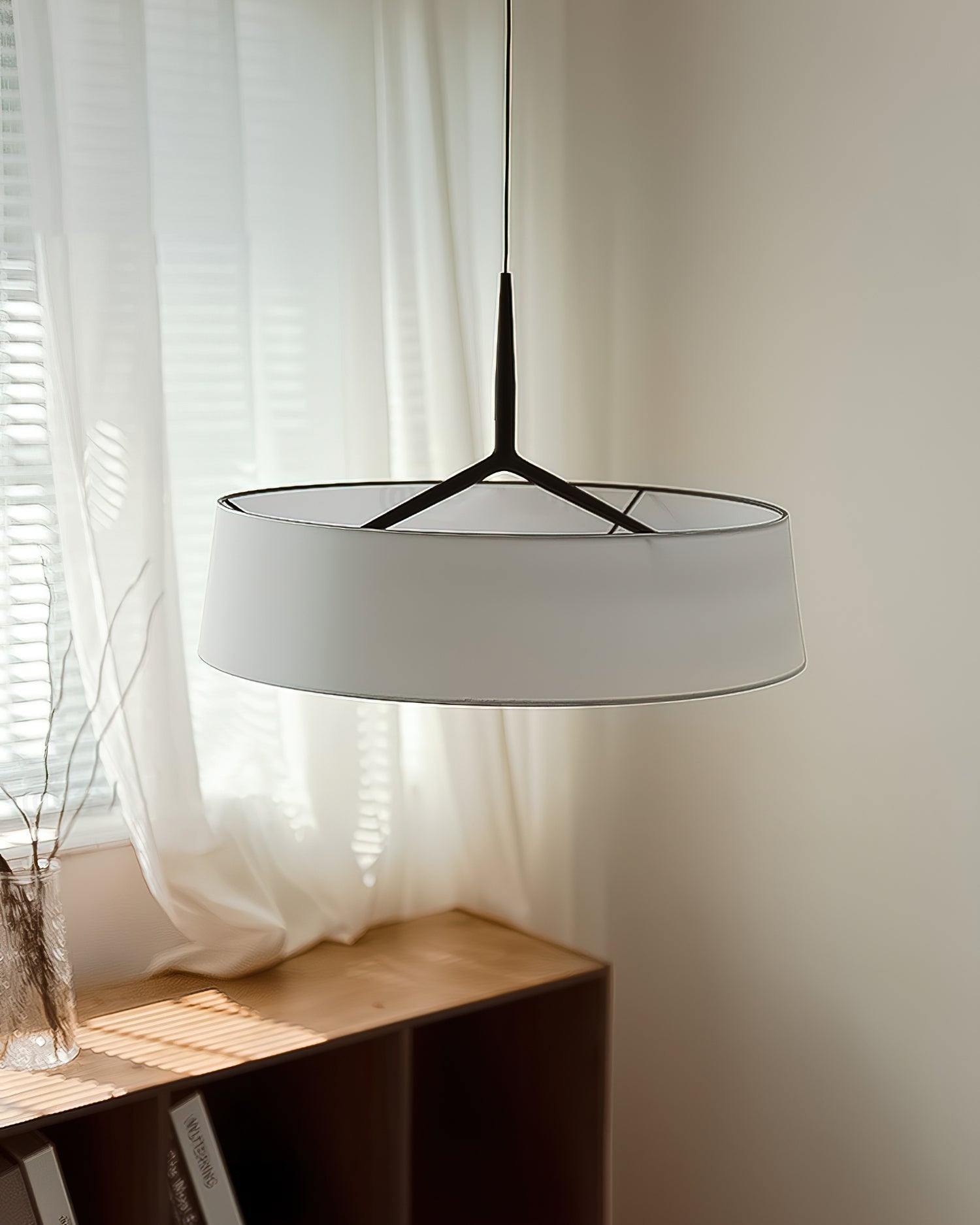 Pendant Light White Fabric Drum Black