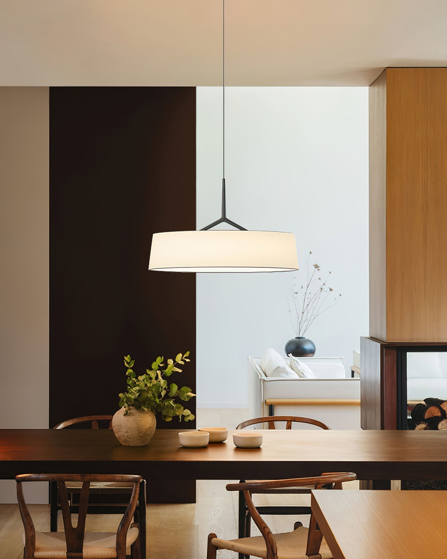 Liora Pendant Light White Fabric Drum Black Minimalist-Neutral Decor