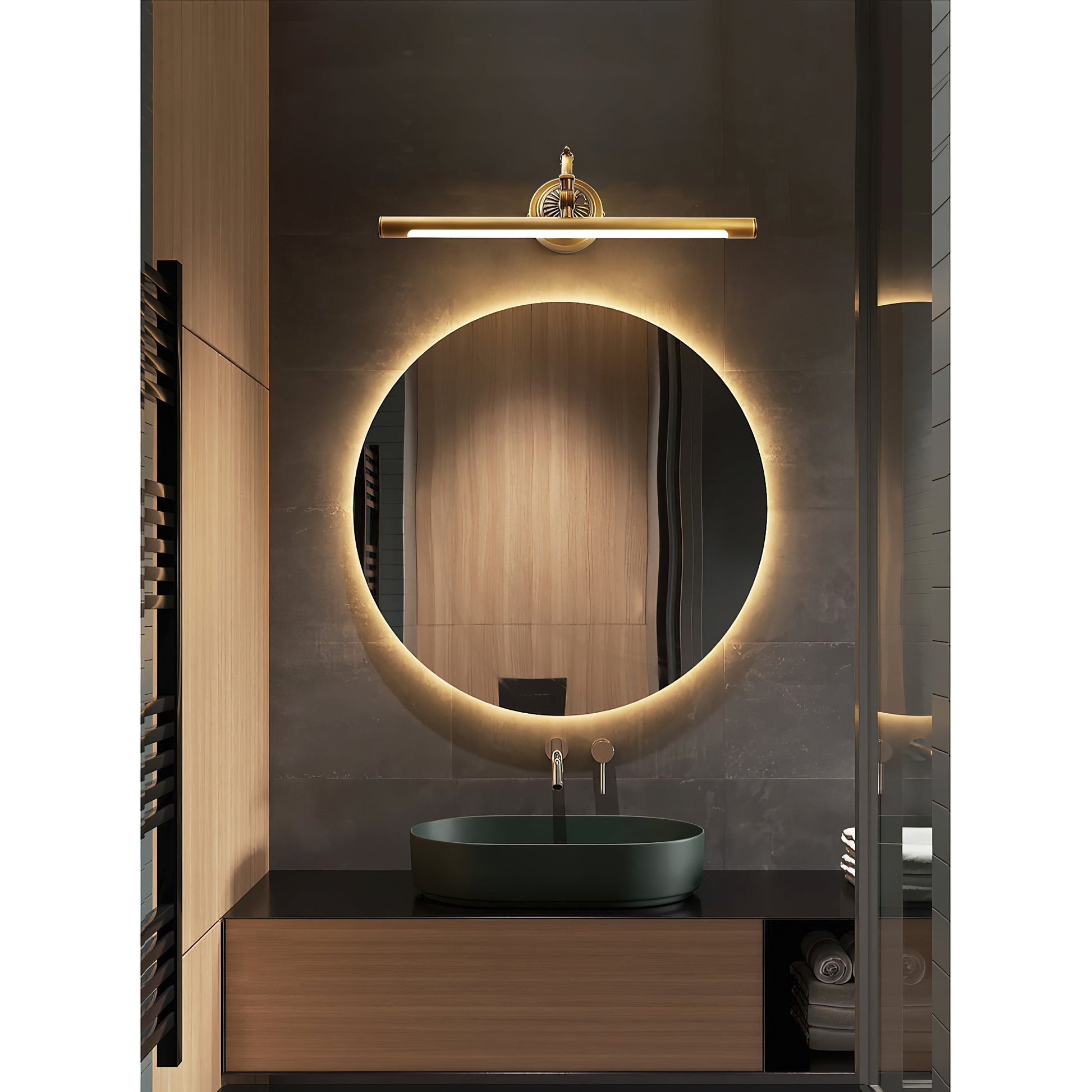 The Oculus Wall Lamp mounted above a bathroom mirror.