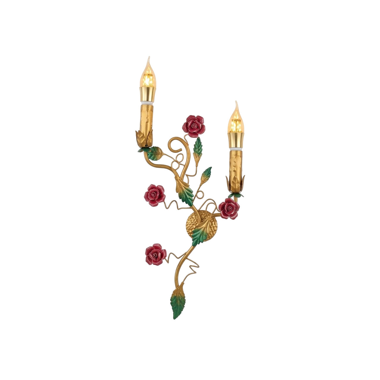 Mechini Wall Lamp with gold vines and red ceramic roses.