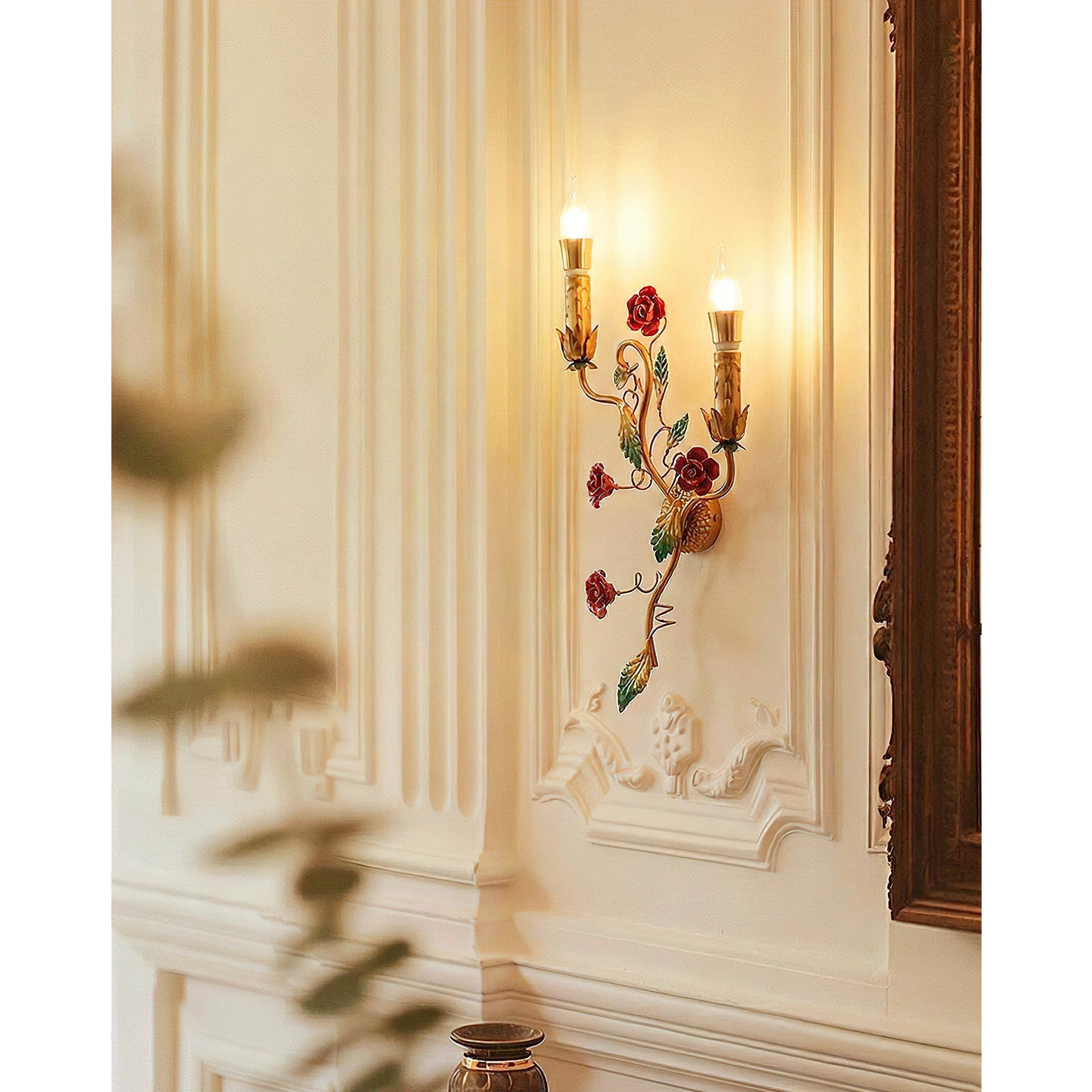 The wall lamp illuminated, casting a warm glow.