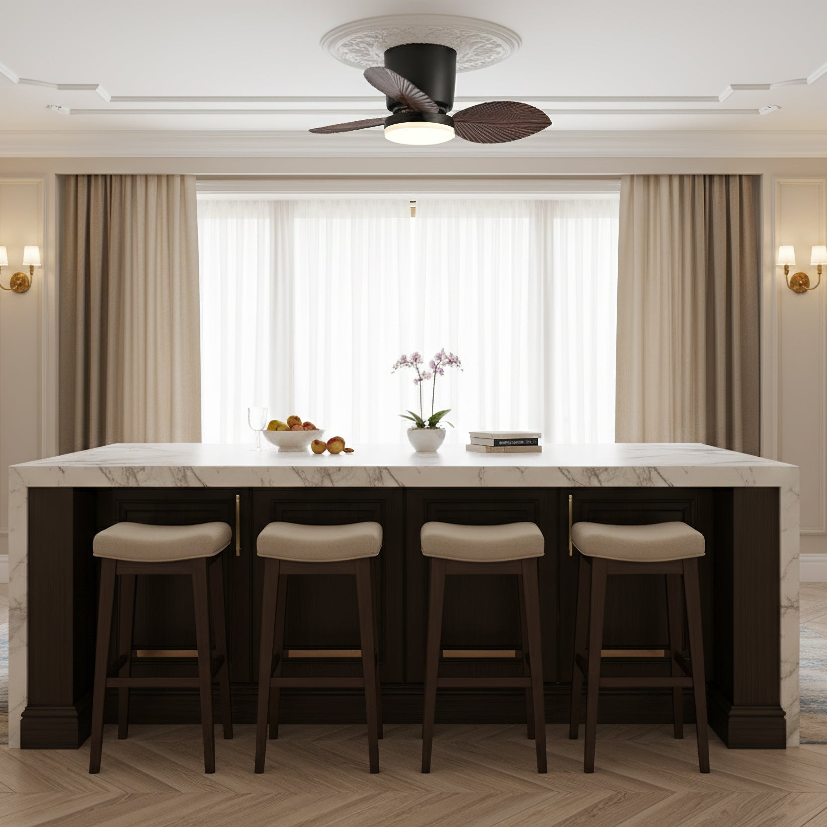 The Melorie fan with its integrated LED light turned on, illuminating a room.