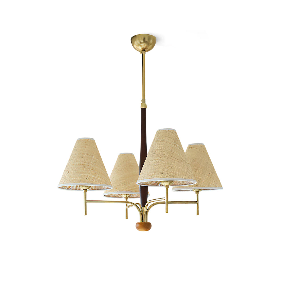 Front view of the Mercer Chandelier with gold frame and beige fabric shades.
