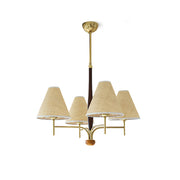 Front view of the Mercer Chandelier with gold frame and beige fabric shades.