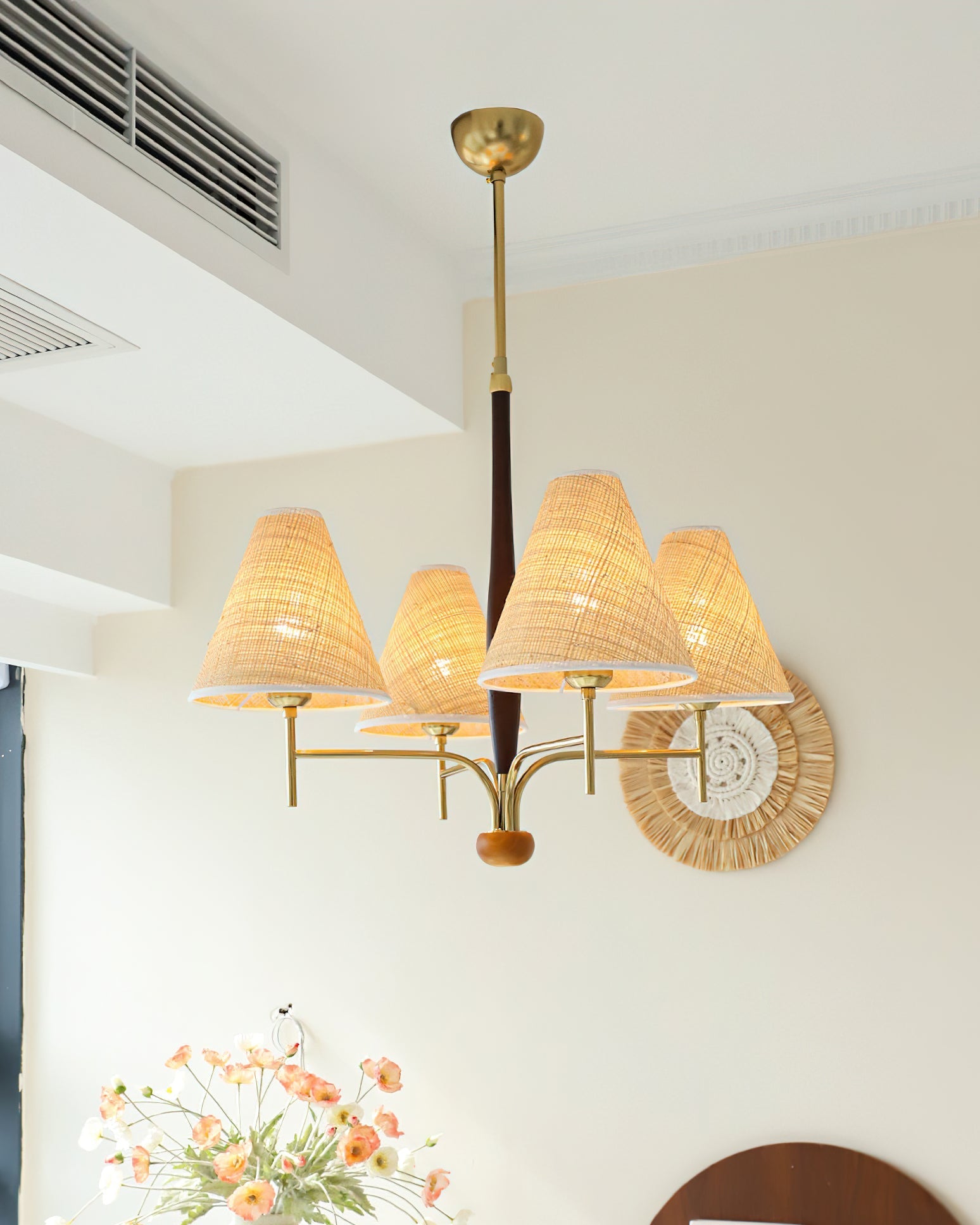 Angled view of the Mercer Chandelier showcasing its wood and metal details.