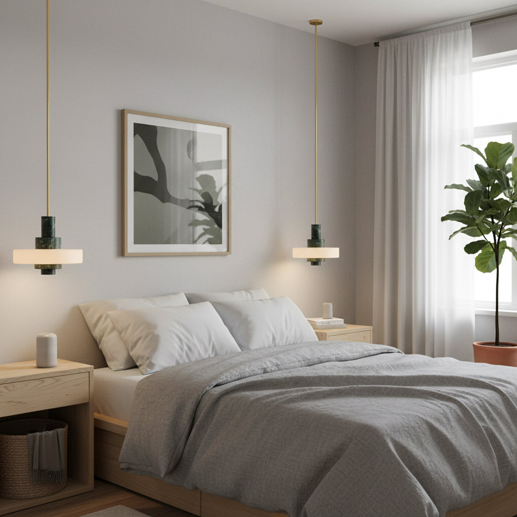 Full view of the pendant lamp with its suspension rod.