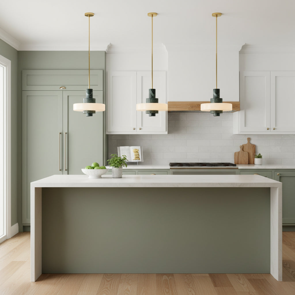 Lifestyle image of the Mercury Green Marble Pendant Lamp in a home.