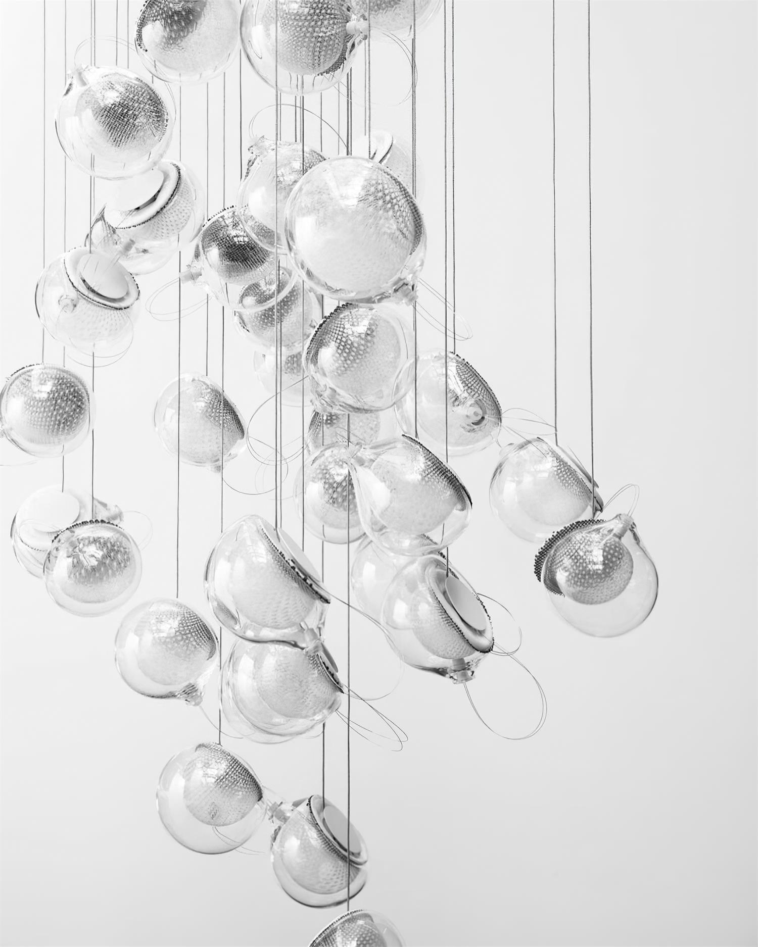 Chandelier Mesh Glass Orbs Cluster Metal Frame Modern Minimalist