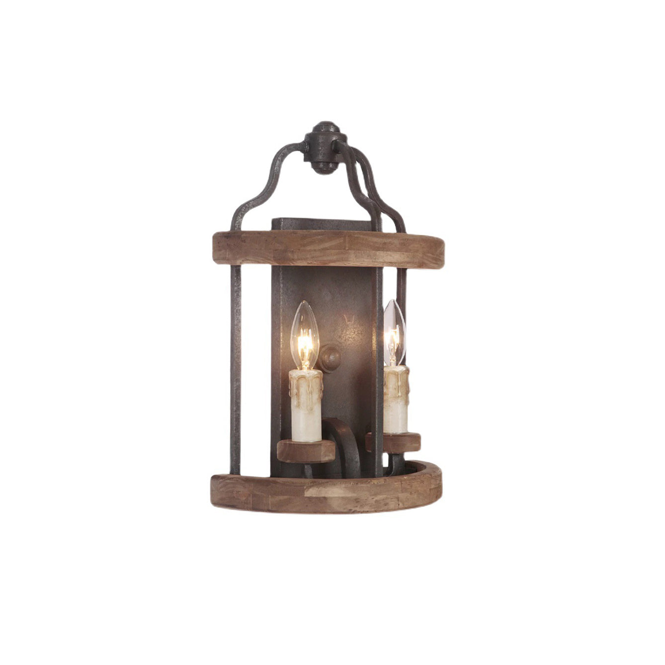 Messina Wall Lamp with two heads in a brown wood finish.