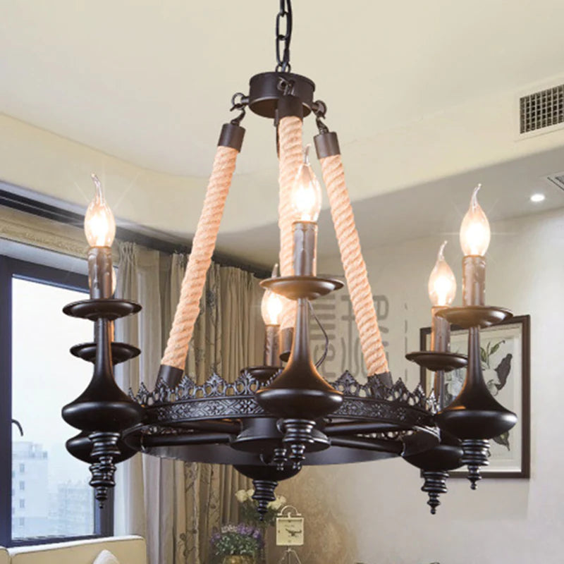 Epoch Retro Candle Chandelier Black Metal/Rope Restaurant/Bar - Neutral Decor