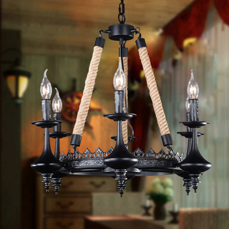 Epoch Retro Candle Chandelier Black Metal/Rope Restaurant/Bar - Neutral Decor