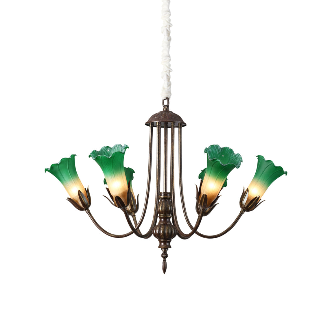 Meyda Chandelier with a bronze metal frame and elegant glass shades.