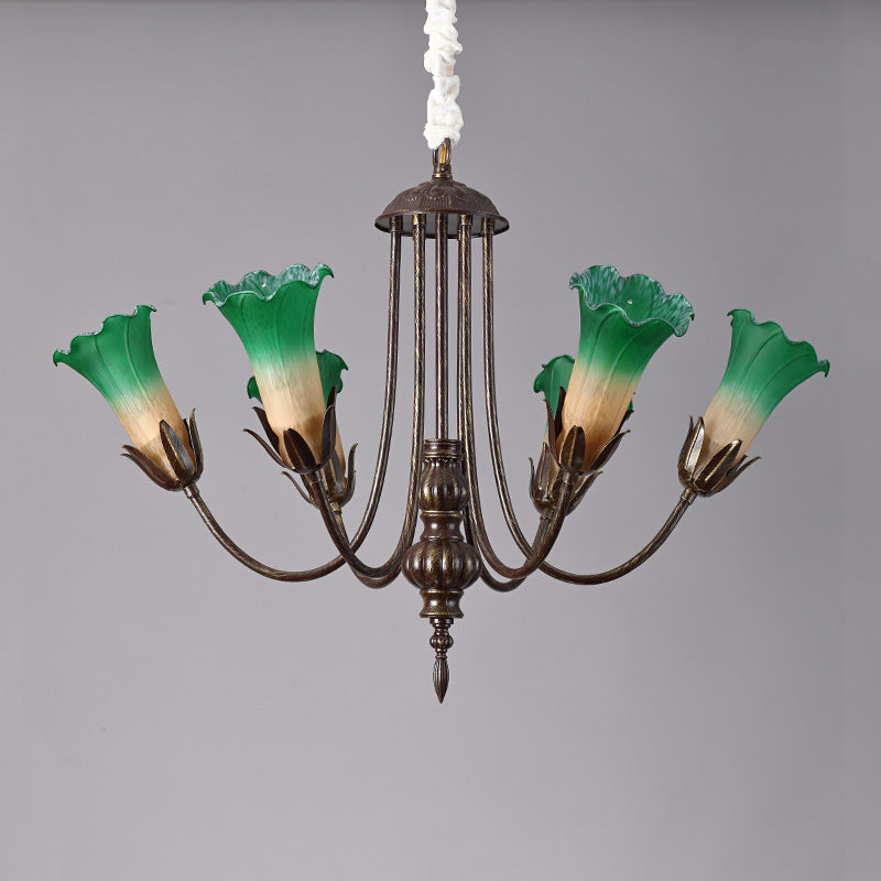 View from below the chandelier, showing the arrangement of the lampshades.