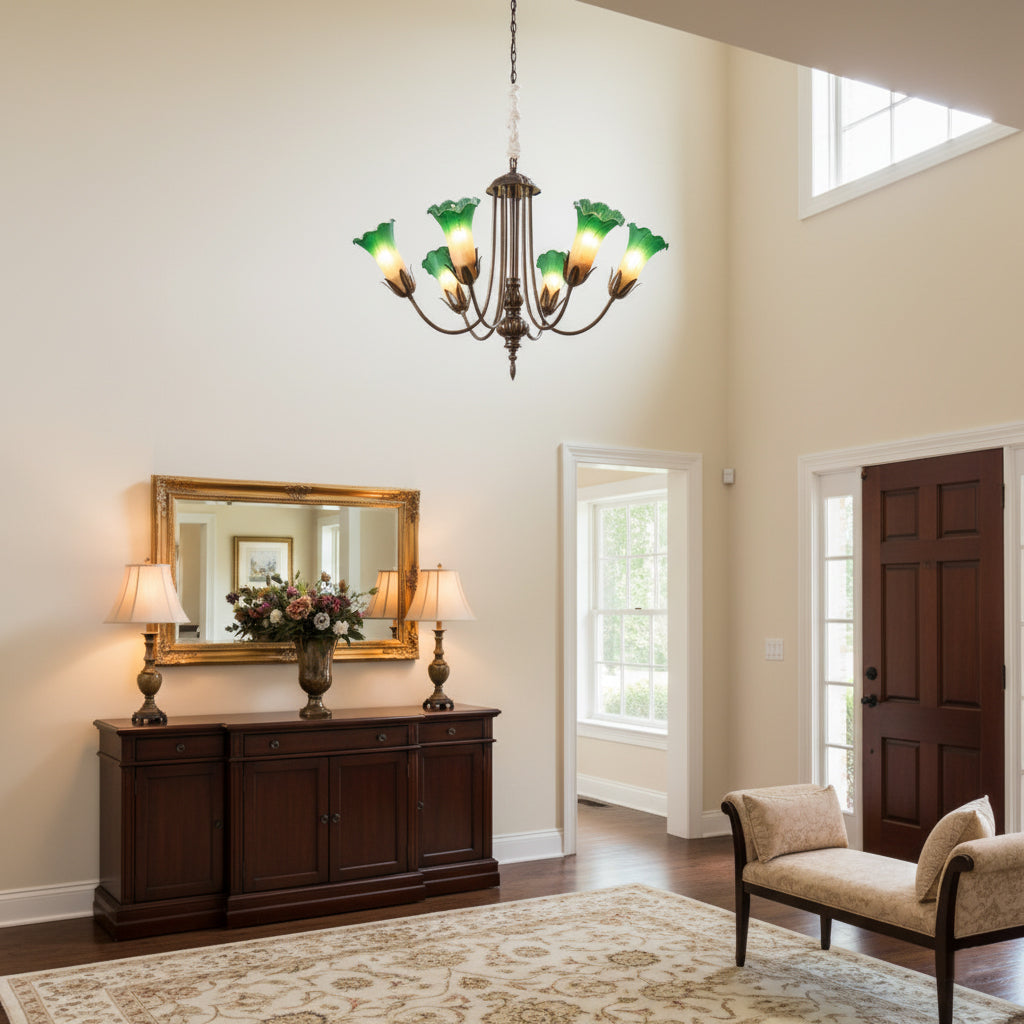 Angled view of the Meyda Chandelier showcasing its multi-head design.