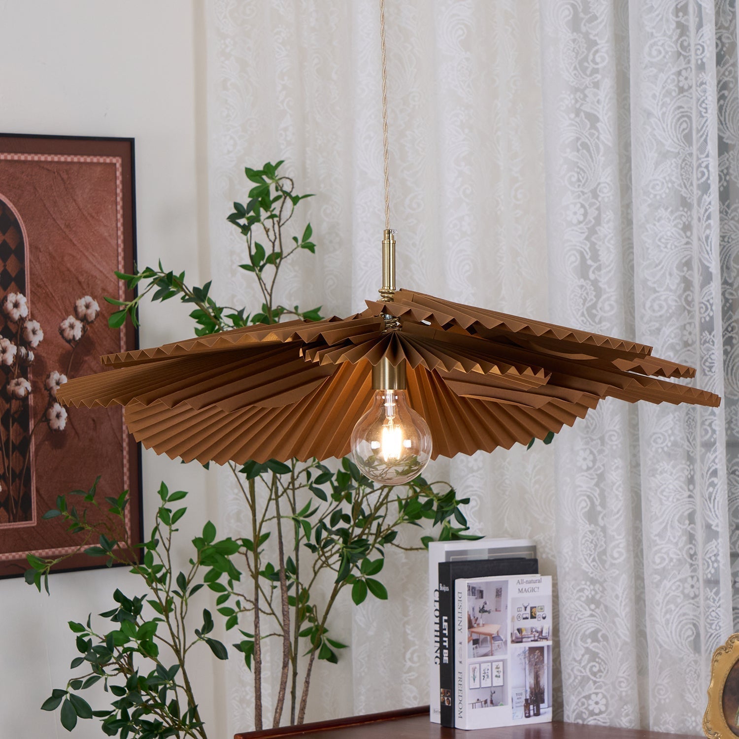 Pendant Light with Pleated Kraft Paper Petal Shade