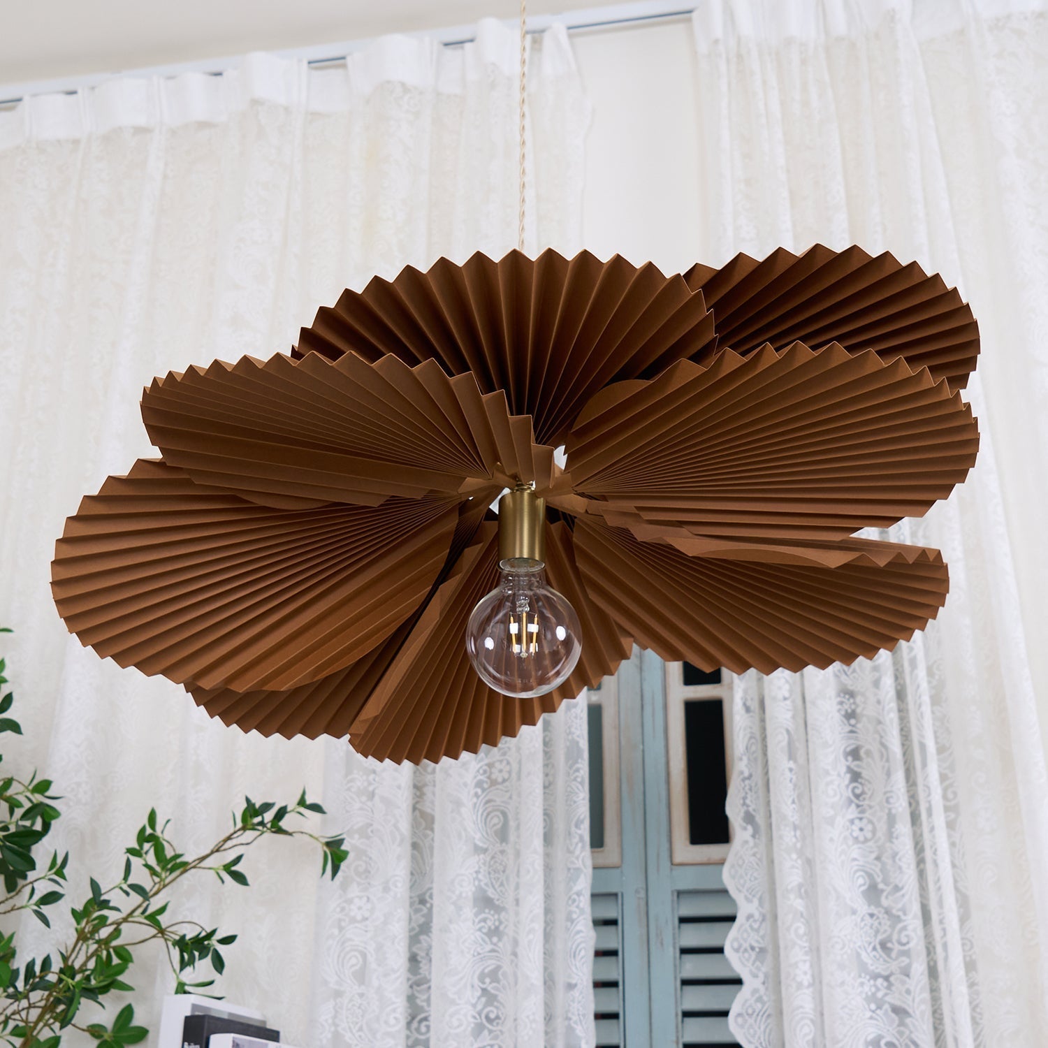 Pendant Light with Pleated Kraft Paper Petal Shade