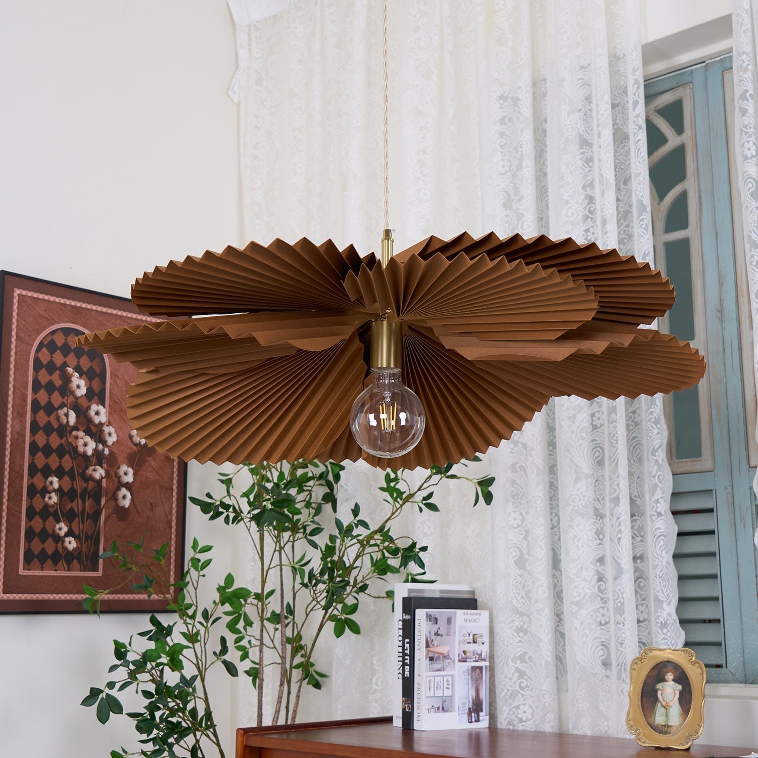 Pendant Light with Pleated Kraft Paper Petal Shade