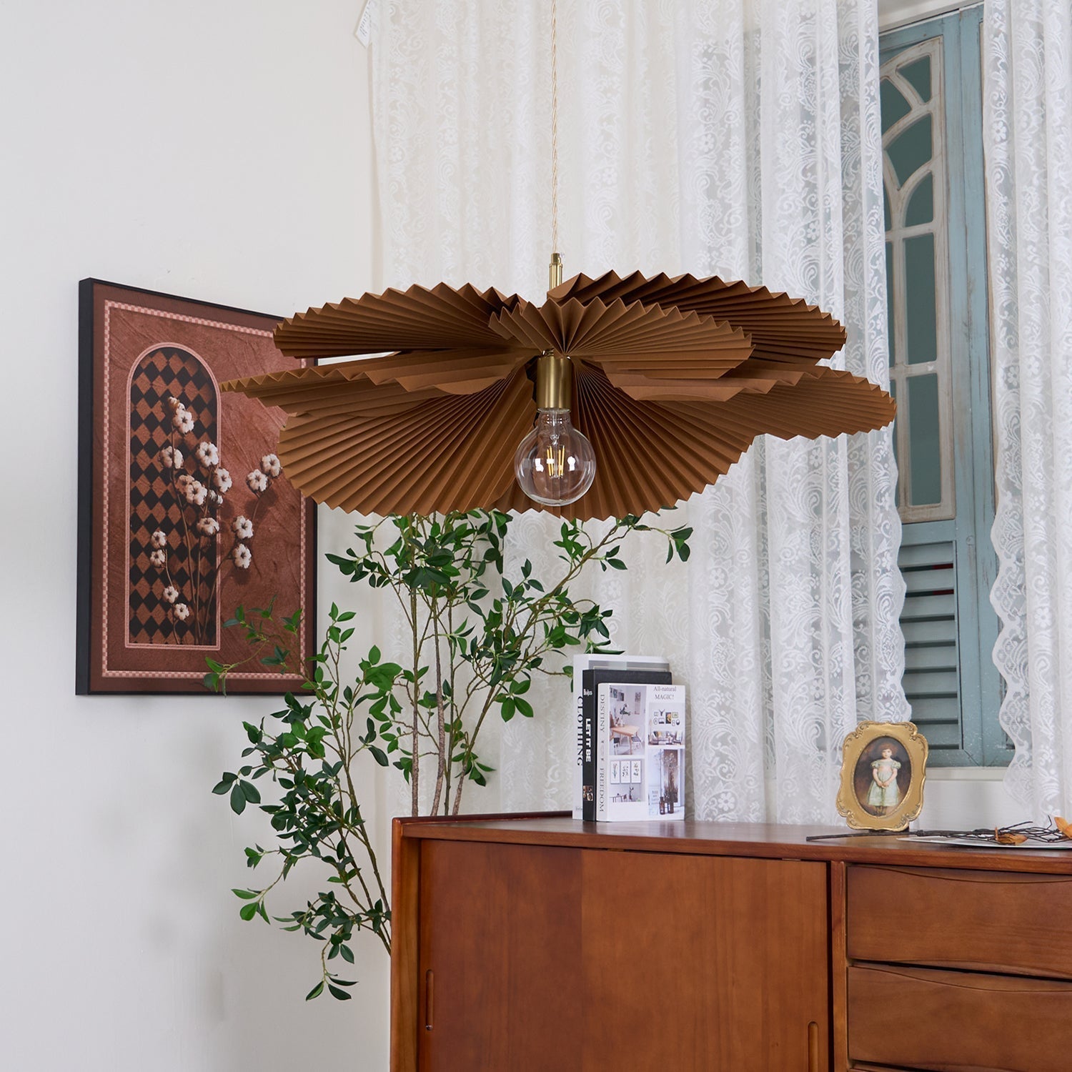 Pendant Light with Pleated Kraft Paper Petal Shade