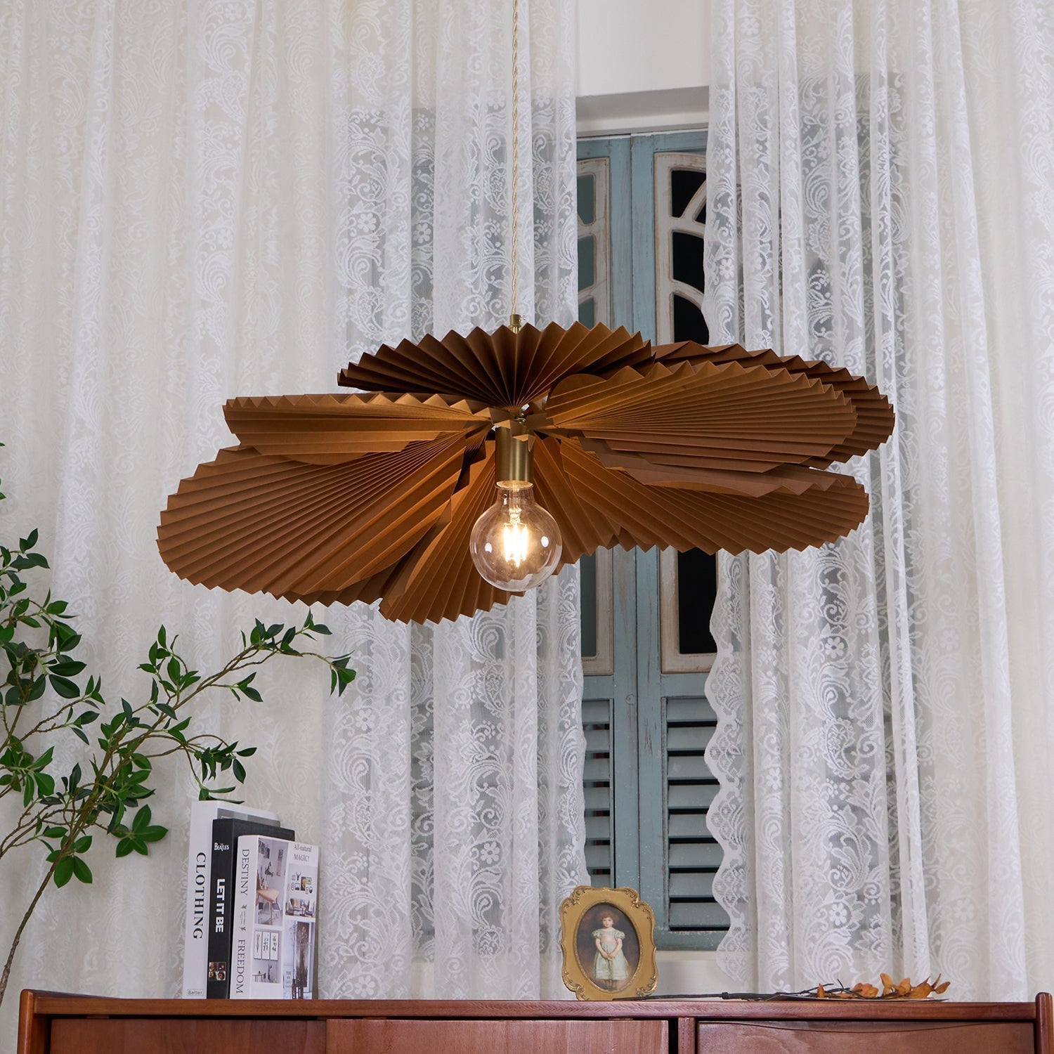 Pendant Light with Pleated Kraft Paper Petal Shade