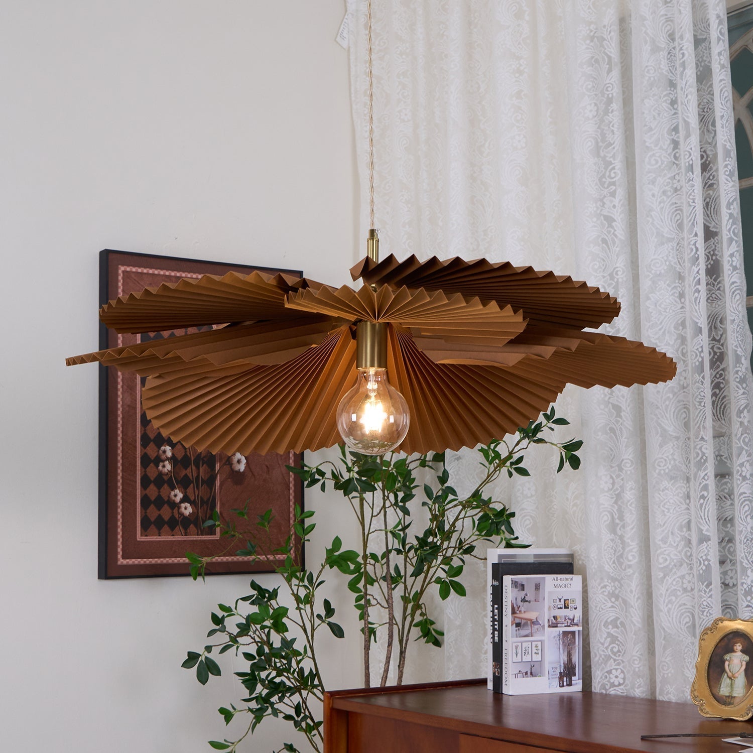 Pendant Light with Pleated Kraft Paper Petal Shade