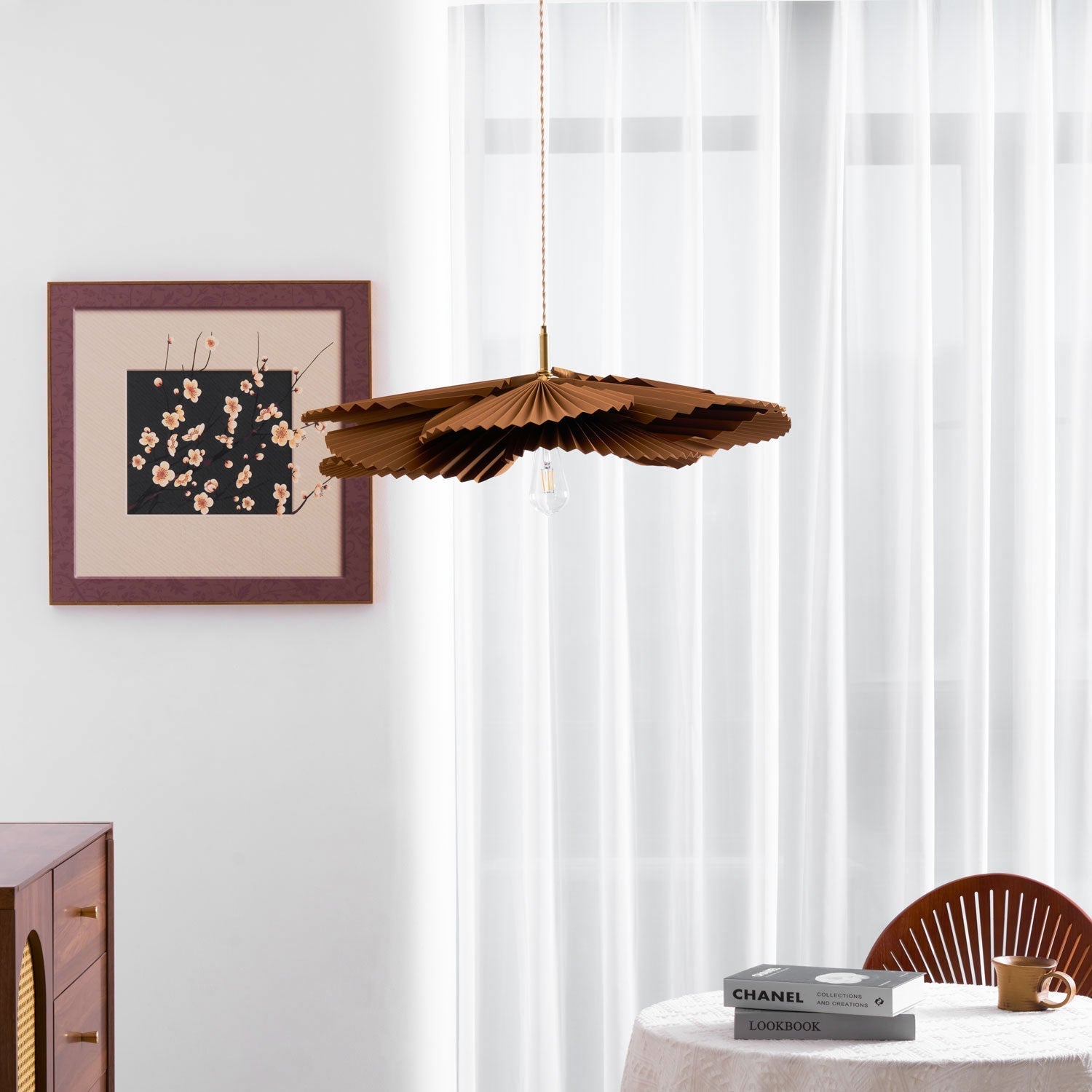 Pendant Light with Pleated Kraft Paper Petal Shade